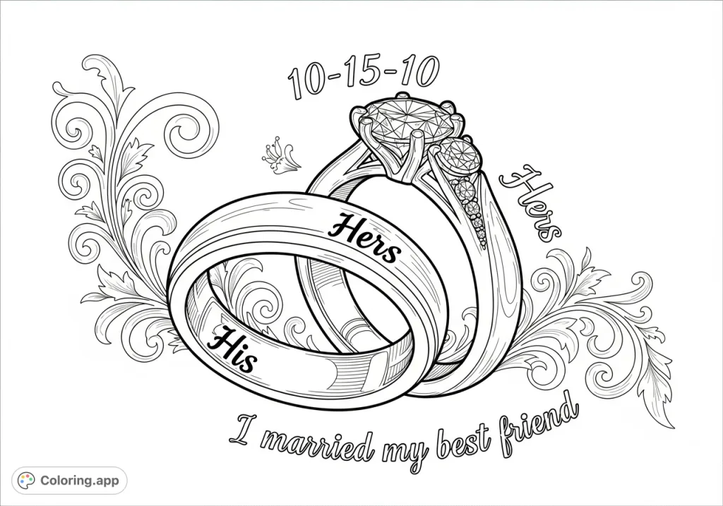 Celebrate eternal love with this elegant wedding rings coloring page, featuring his and hers diamond bands and a heartfelt quote. Perfect for commemorating special dates.