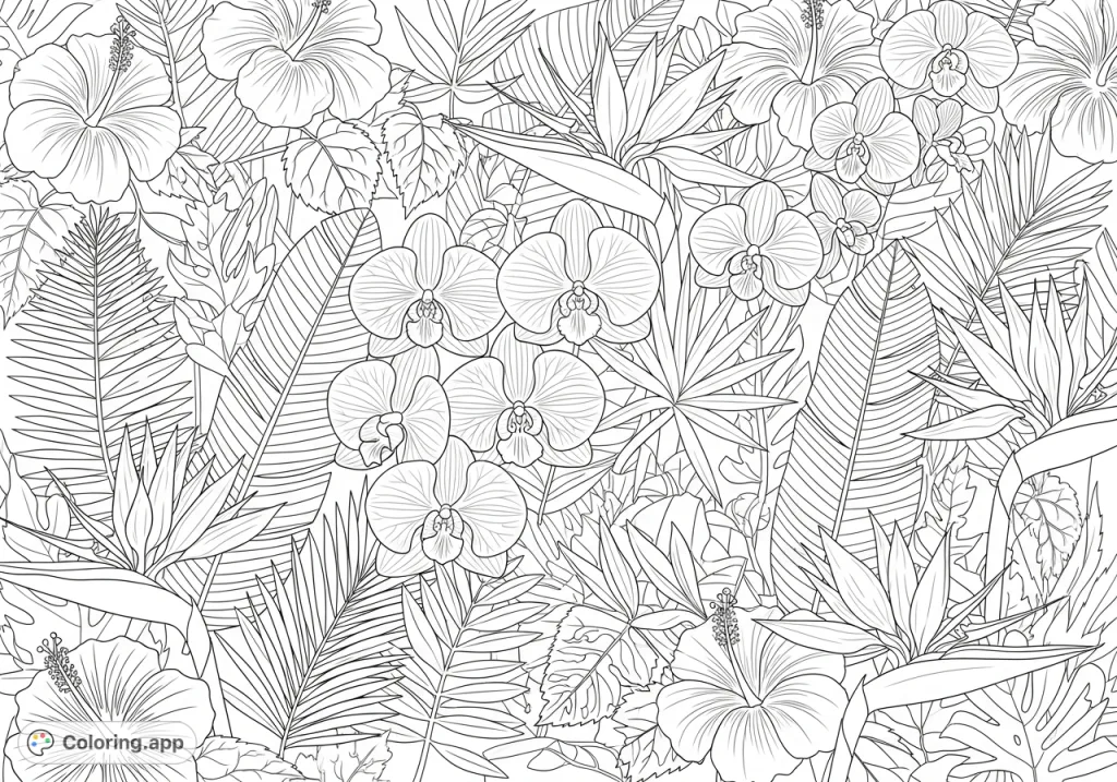 Explore a lush paradise of tropical flowers and intricate foliage. This free printable tropical flowers coloring page invites creativity for all ages.