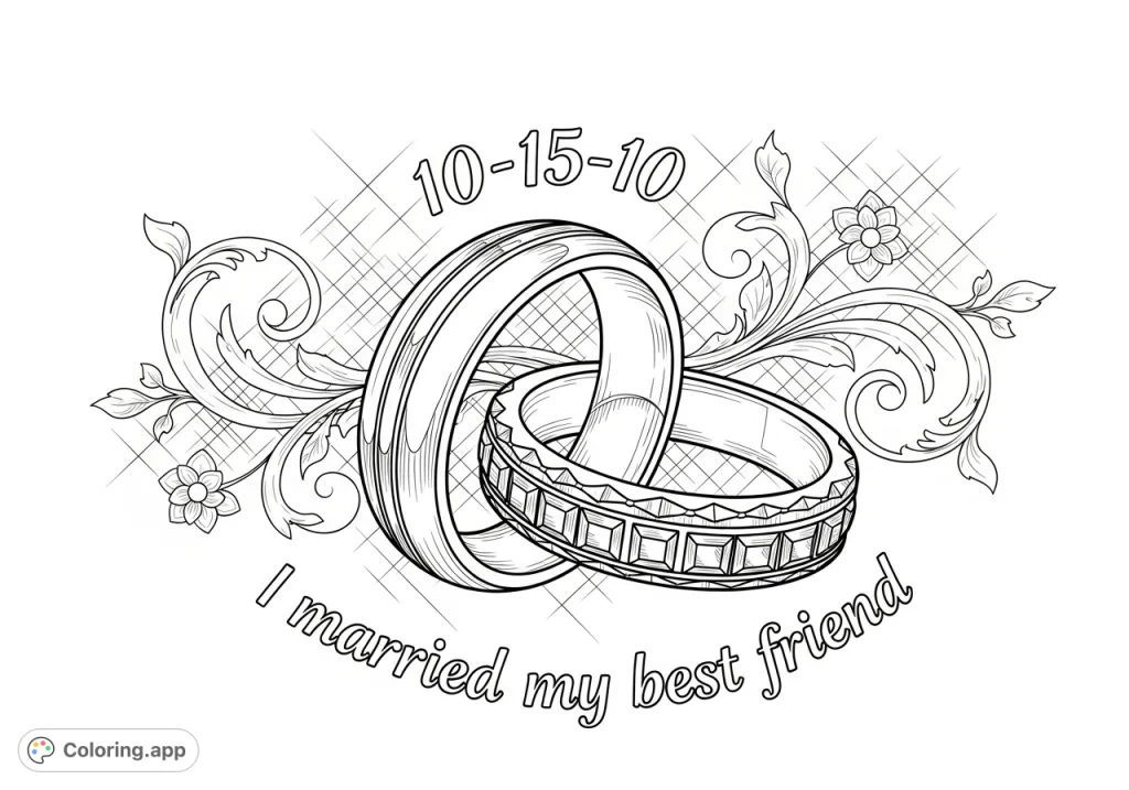 A heartfelt wedding rings coloring page featuring intertwined bands, faceted details, and a personal inscription surrounded by delicate floral scrollwork.