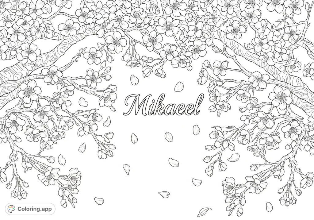 Immerse yourself in a serene cherry blossom scene. Intricate branches, delicate blooms, and floating petals surround the elegant name 'Mikaeel'.