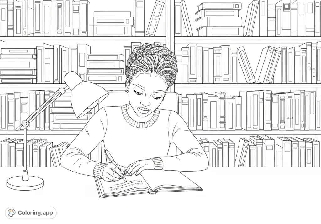 An inspiring free printable coloring page featuring an African American girl writing her own book, surrounded by towering shelves filled with diverse stories.