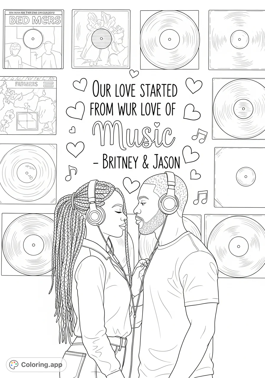 A heartwarming Music Love coloring page featuring an African American couple sharing headphones in front of a vinyl record wall with a special quote. Free printable coloring page.