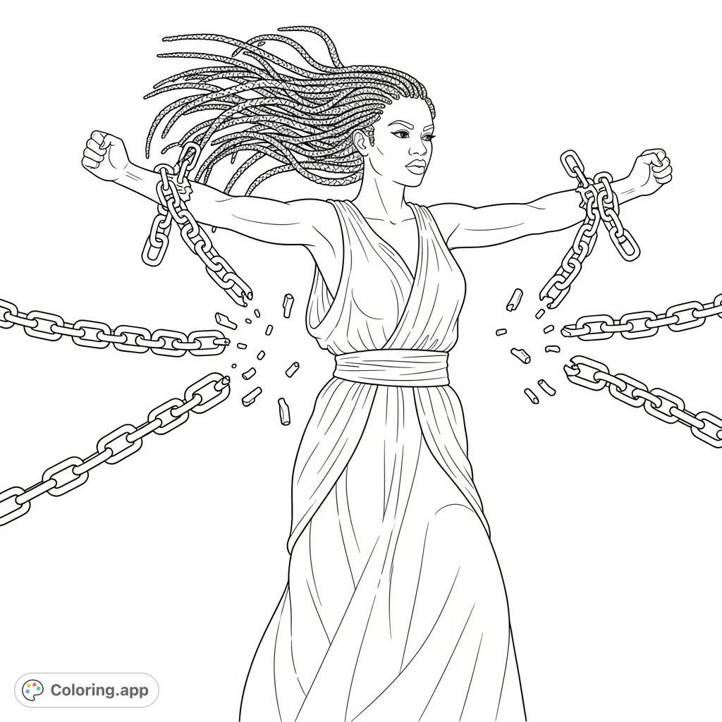Discover an empowering African American female with long braids, actively breaking free from heavy chains, symbolizing strength, resilience, and liberation.