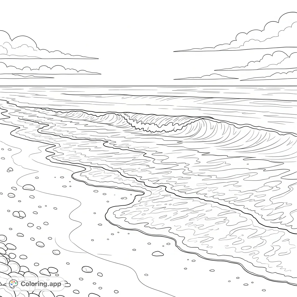 A serene beach and ocean waves coloring page featuring soft, rolling water, sandy shores, and a vast sky, perfect for relaxation and creative expression.