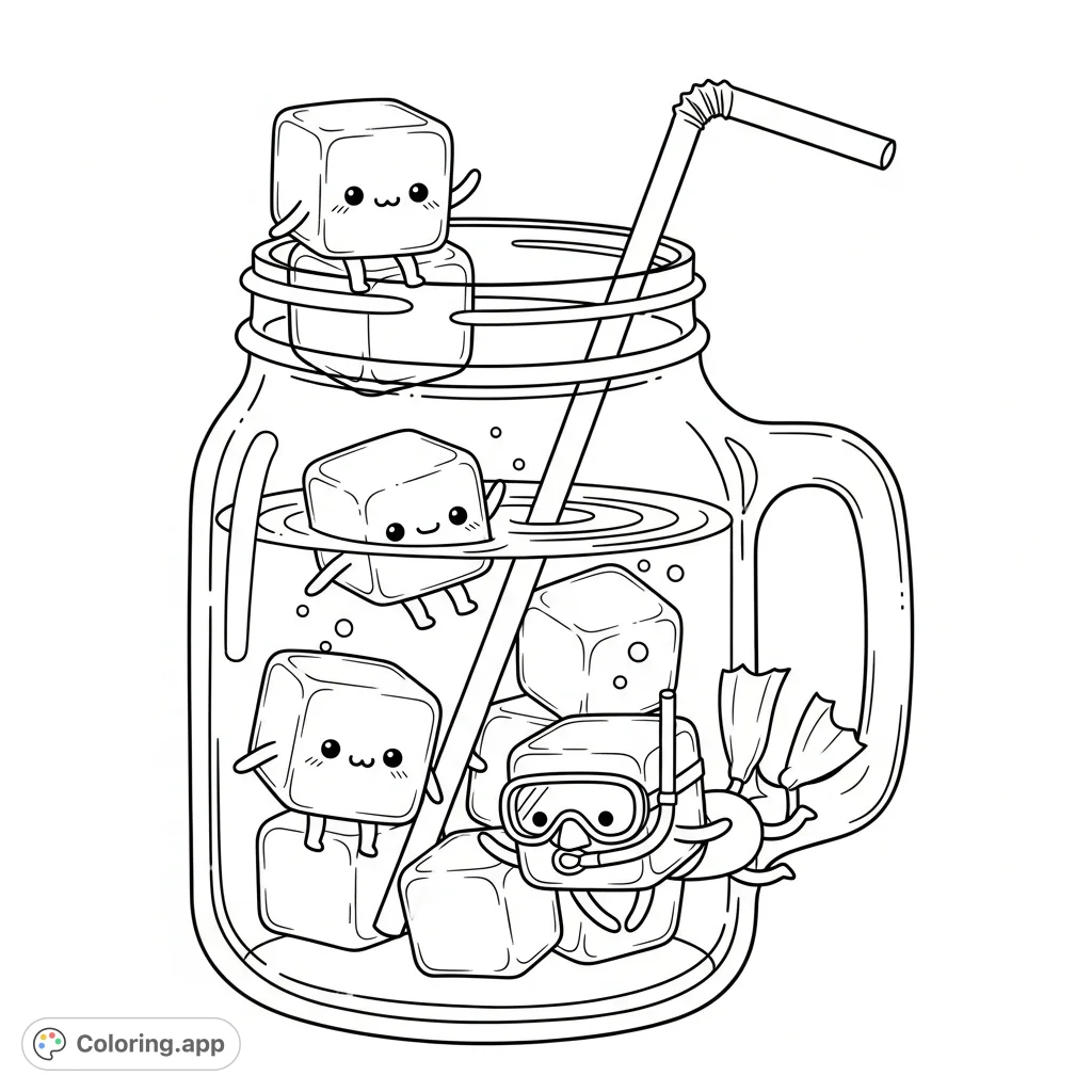 A charming cozy drink scene with playful ice cube characters in a glass jar. Perfect for a relaxing coloring experience for kids and fun enthusiasts!
