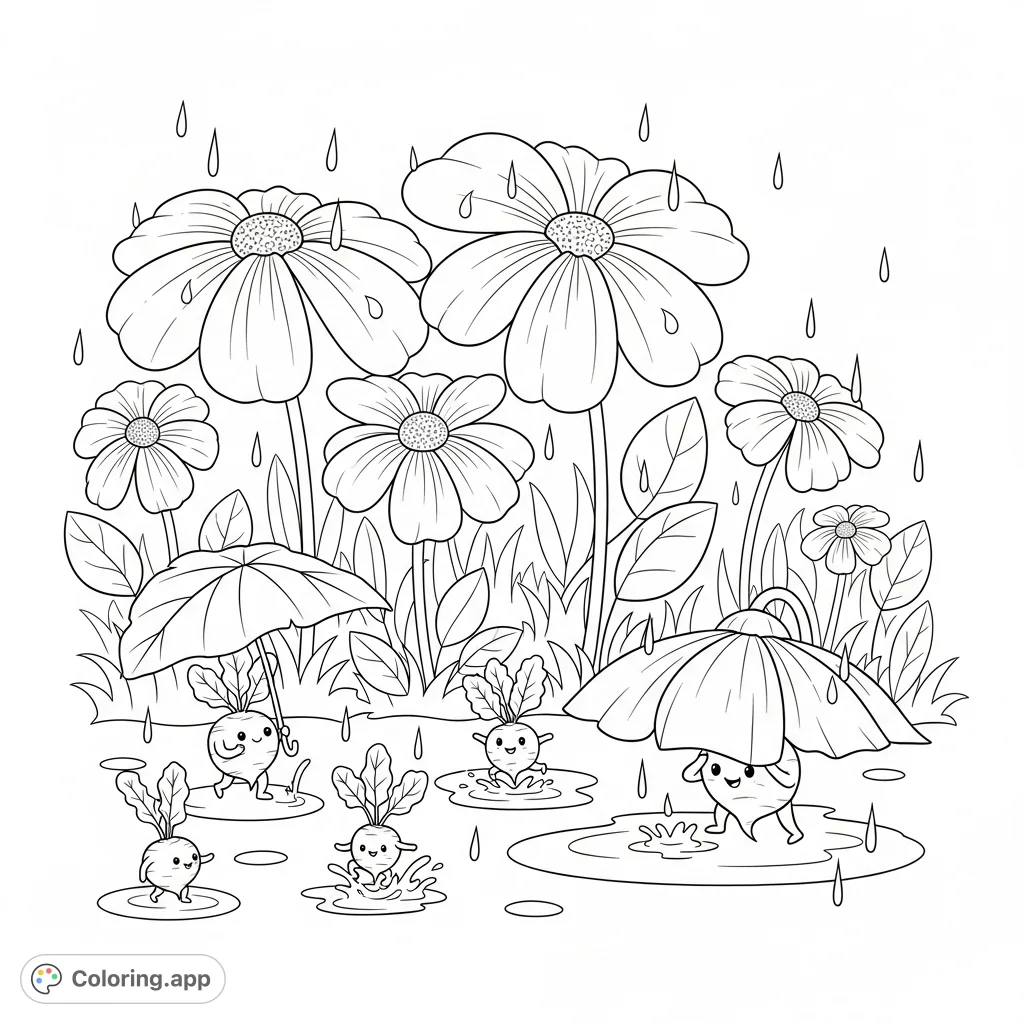 Discover a charming flower garden with elegant blooms and playful beetroot characters enjoying a gentle rain. Perfect for a cozy coloring adventure.