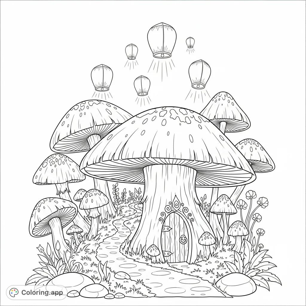 Discover a whimsical fantasy mushroom scene with a hidden path, secret door, and floating lanterns, perfect for a magical coloring adventure.