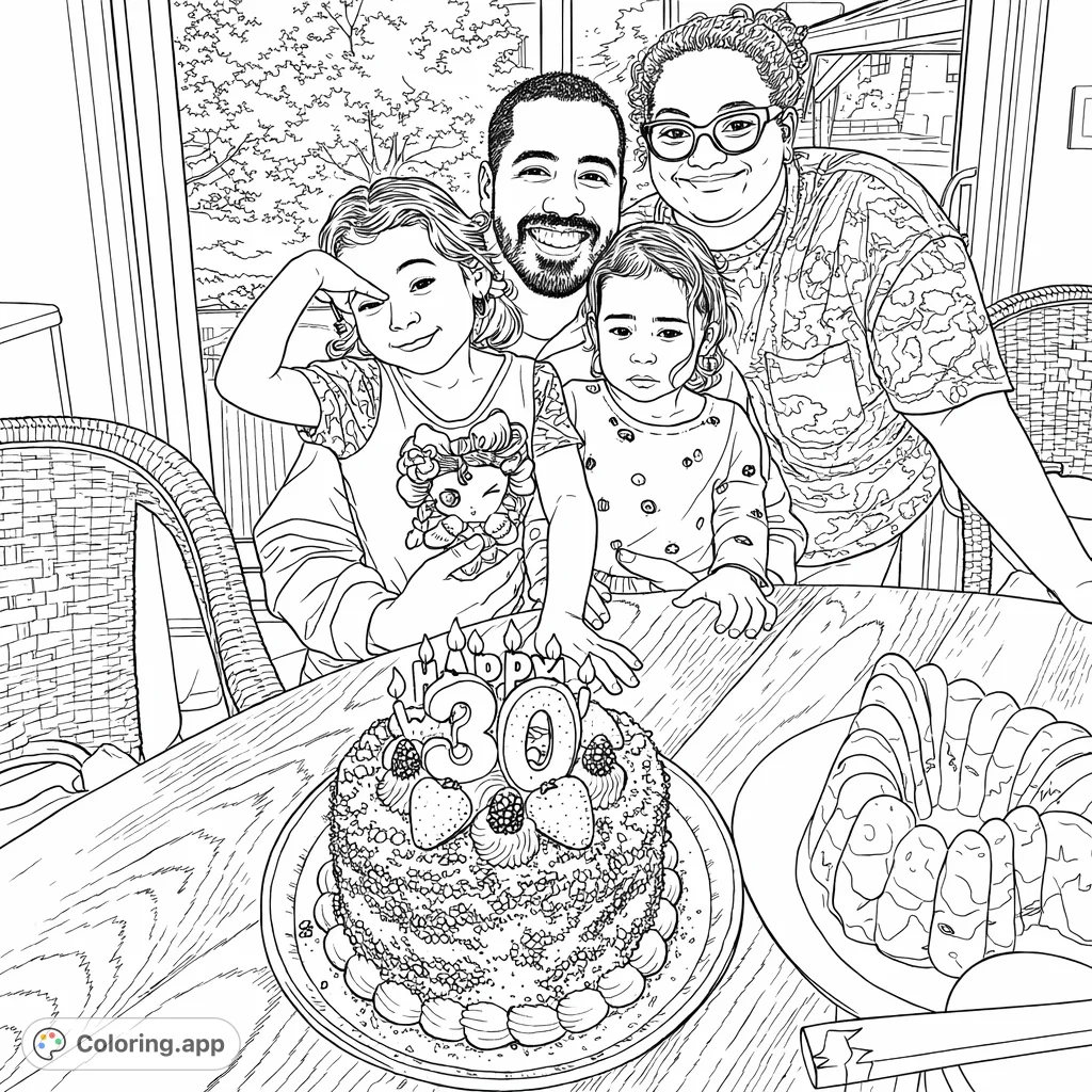 Capture a heartwarming family birthday moment with a cake, candles, and joyful expressions, perfect for all ages to color.