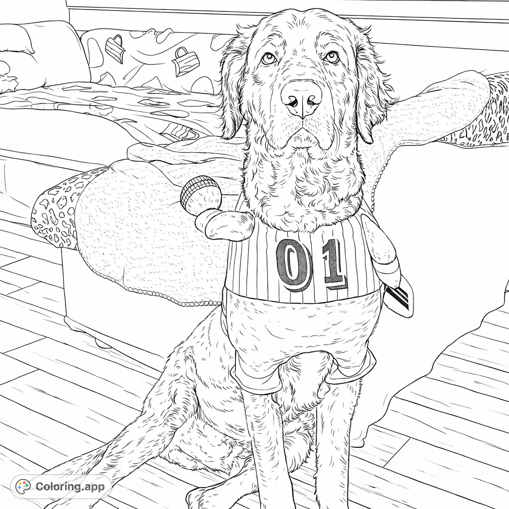 An adorable dog sporting a fun baseball uniform costume, holding a textured ball. A charming and detailed scene perfect for dog lovers and sports enthusiasts.