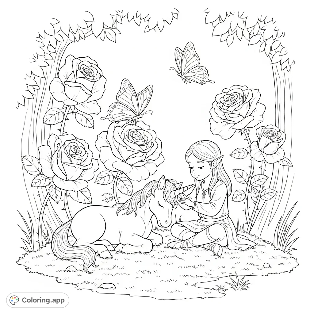 An enchanting elven girl shares a tender moment with a unicorn in a secluded, rose-filled glade. Delicate butterflies add to this magical, free printable coloring page.