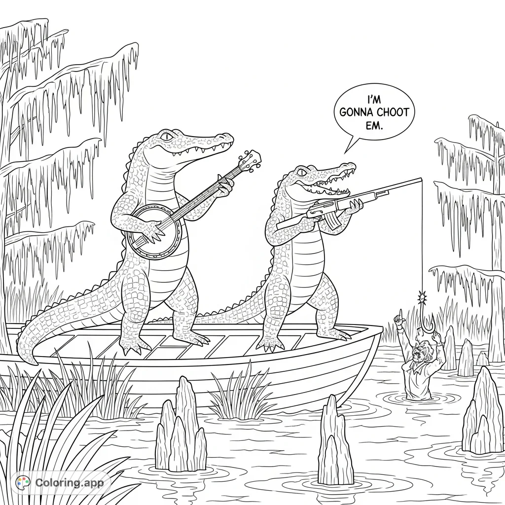 An intense bayou scene with a banjo-playing alligator and another menacingly fishing a human with a rifle, saying “I’m gonna ...