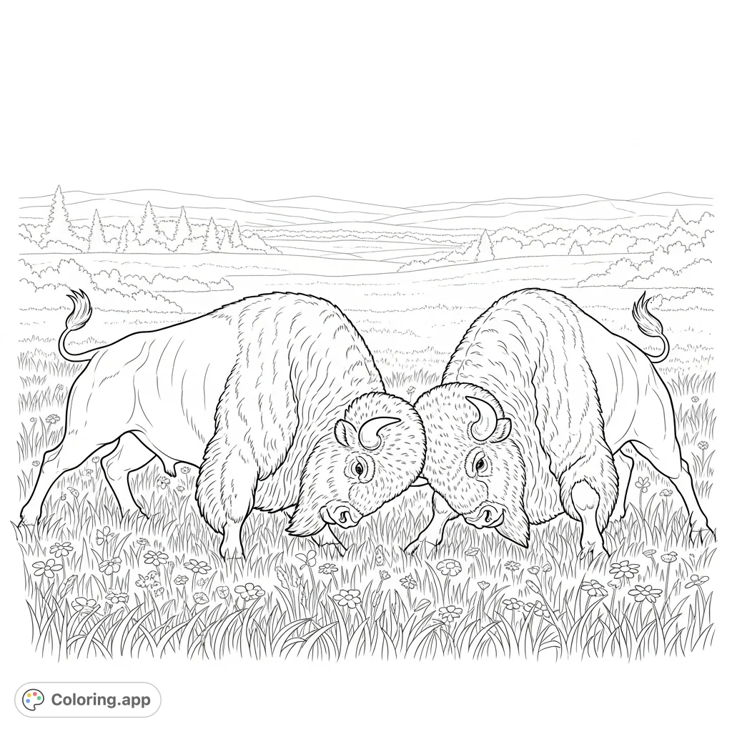 Experience the power of nature with this bison fighting coloring page. Dynamic poses, shaggy fur, and a vast meadow await your creative touch.