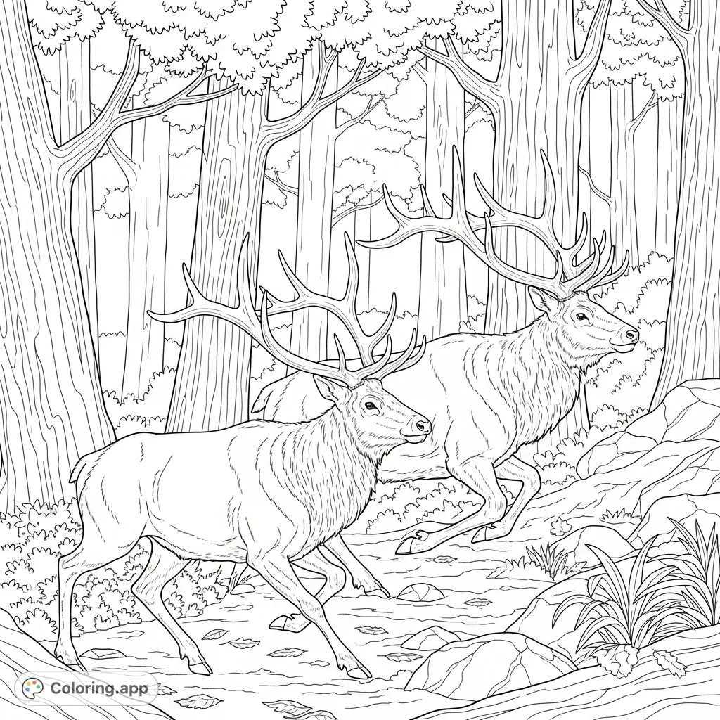 Witness majestic bull elks with impressive antlers charging through a detailed forest scene. A thrilling nature-inspired coloring page for all ages.