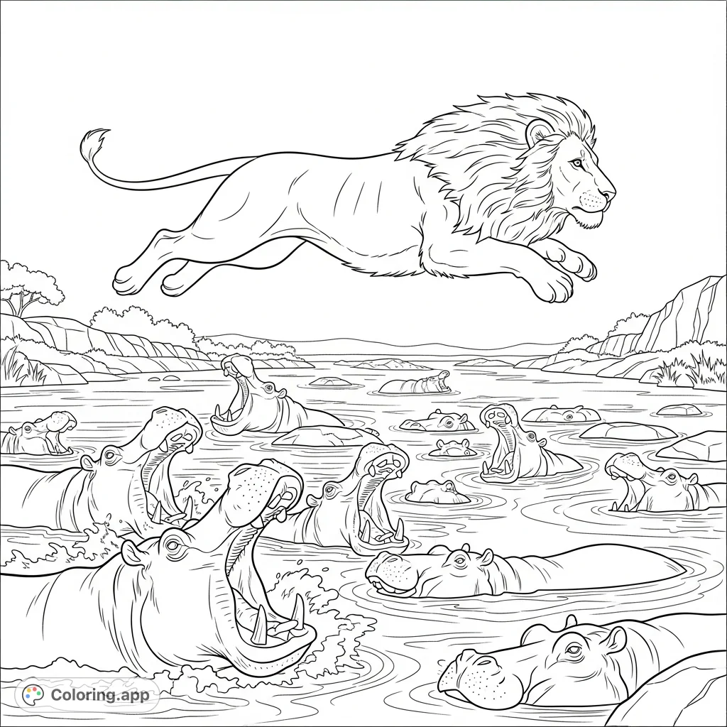 A powerful lion leaps over a river teeming with hippos. This thrilling scene captures a moment of wild savanna adventure, perfect for all ages!