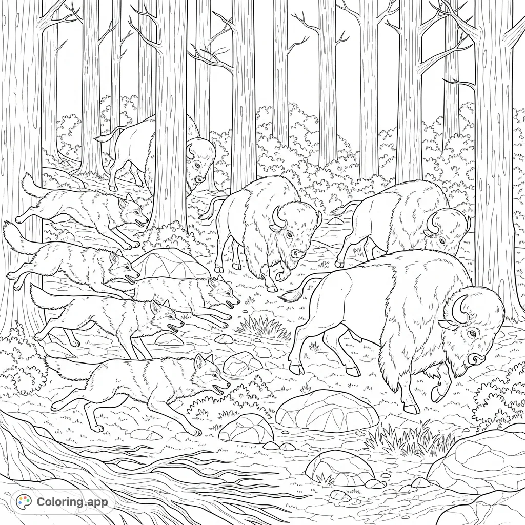 Experience the thrilling wilderness as a pack of wolves chases a bison herd through a dense forest, showcasing powerful animals and intricate nature details.