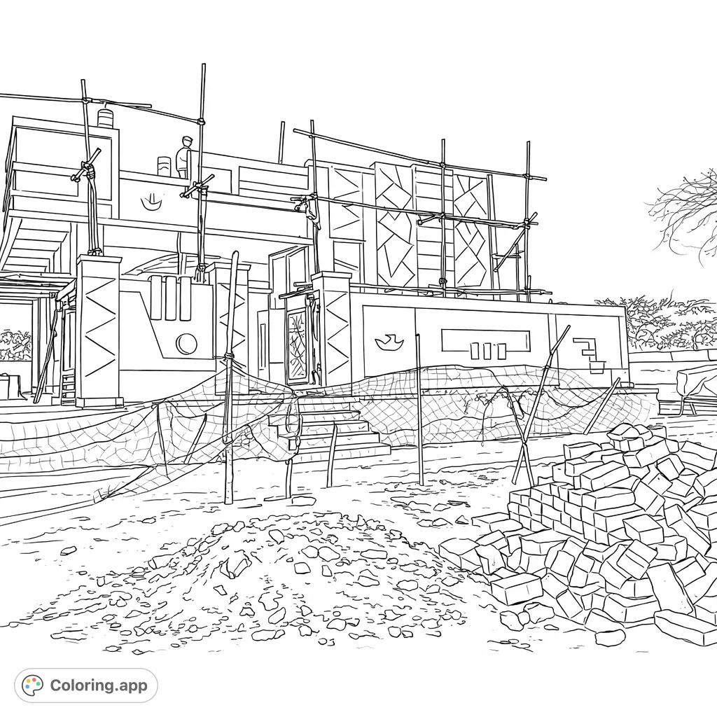 Explore a detailed house construction site, featuring scaffolding, workers, and building materials. Perfect for those who love architecture and building themes.