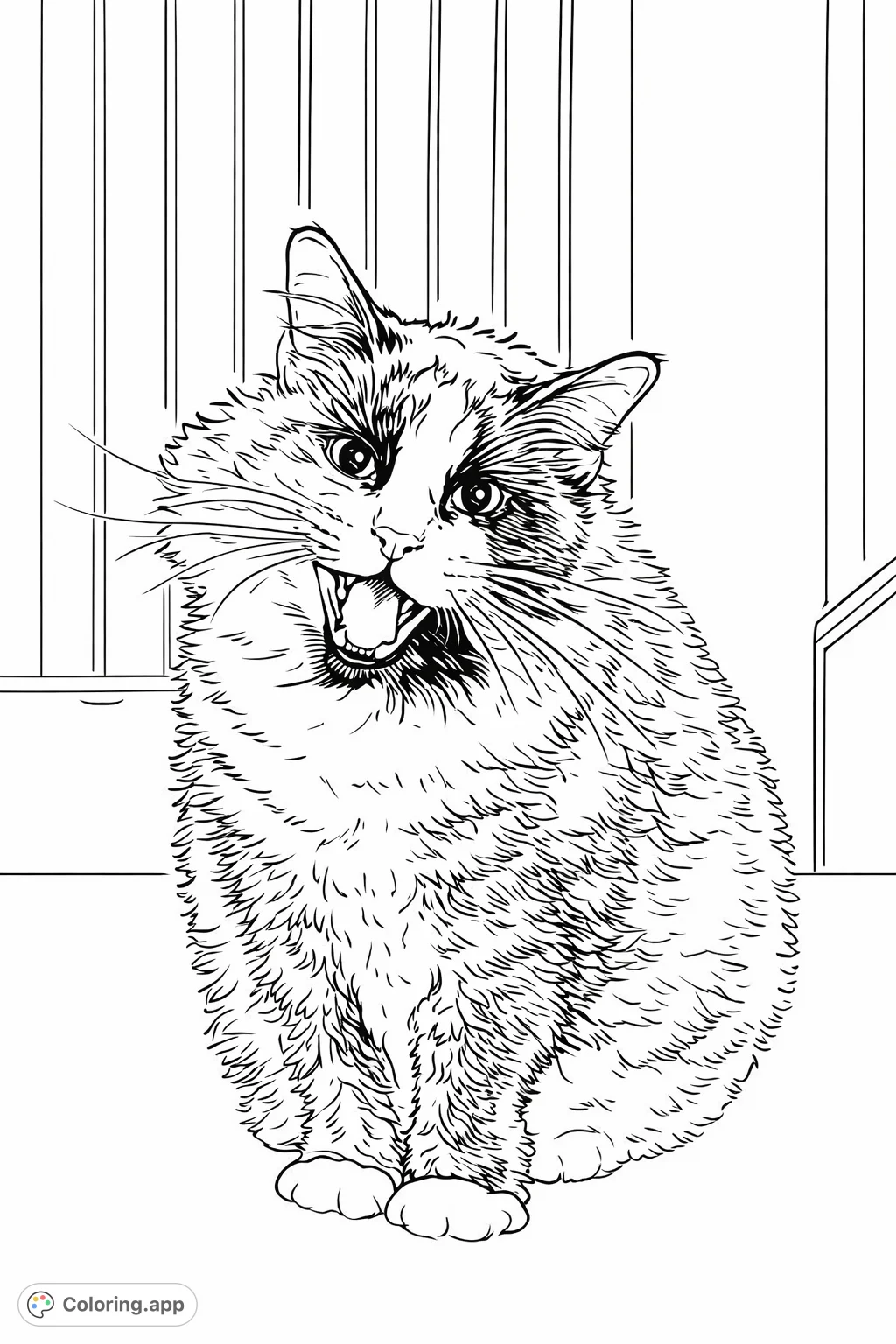 A detailed coloring page featuring a fluffy cat captured mid-yawn, showcasing its expressive face and textured fur against a paneled background.