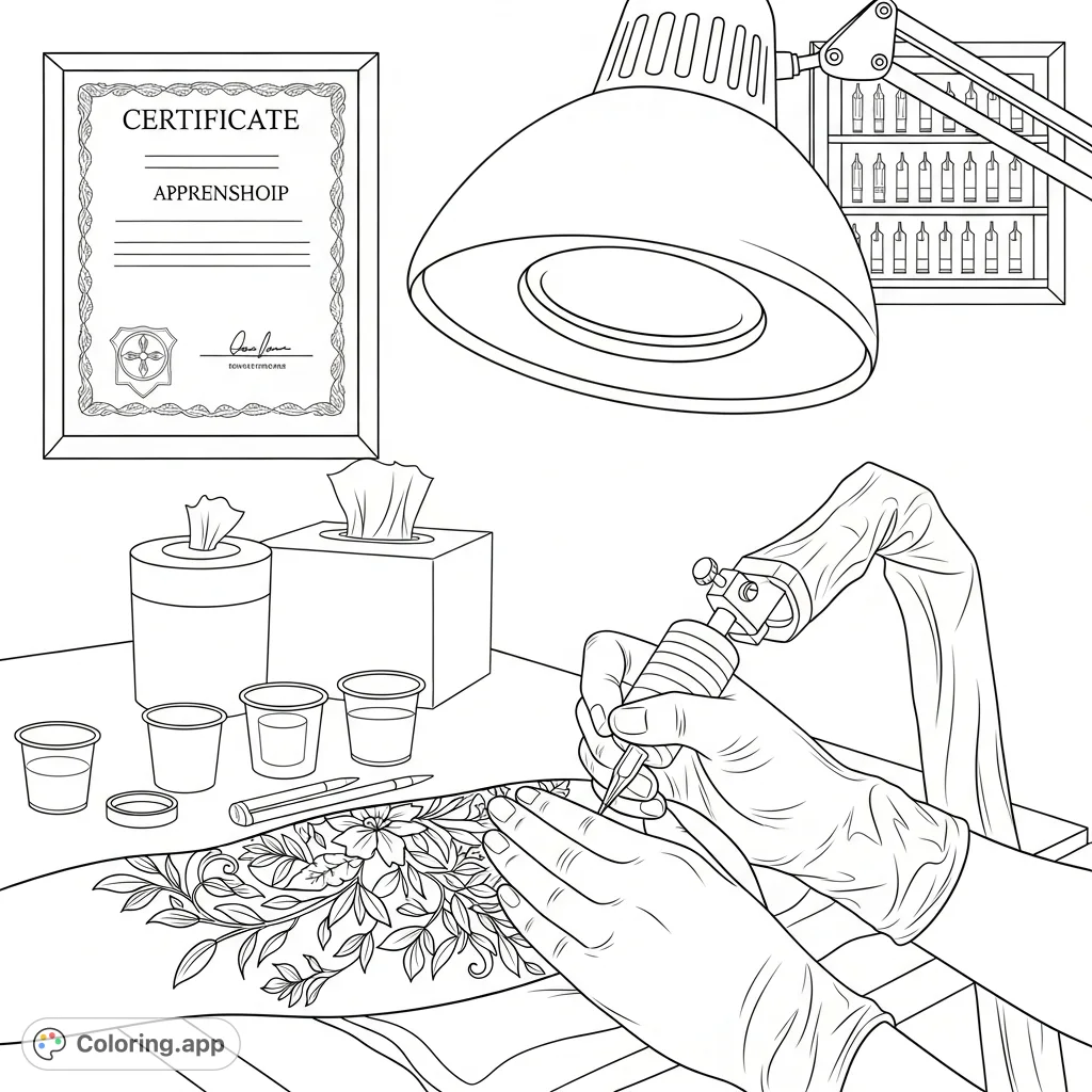 Experience the intricate world of a tattoo artist at work, creating a delicate botanical design with detailed leaves and blossoms on skin.