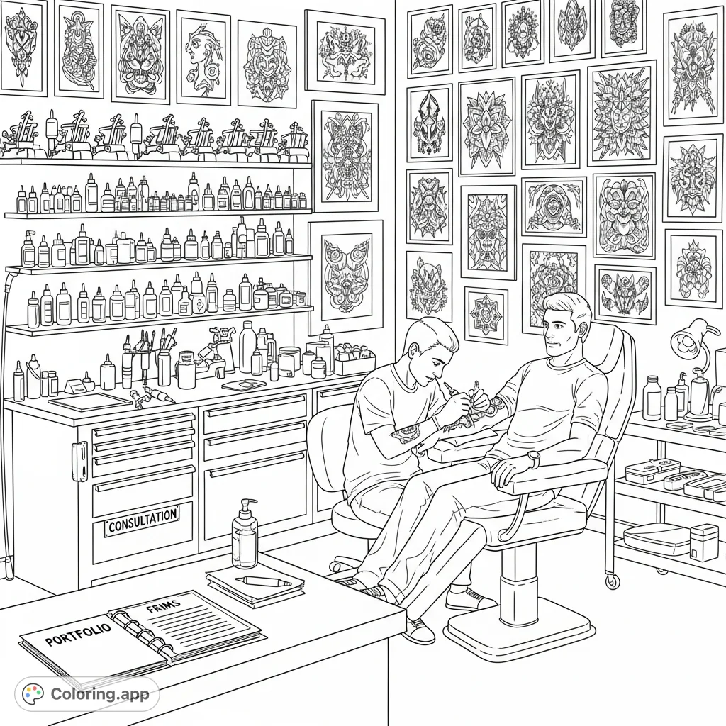 Explore a detailed tattoo parlor, featuring an artist at work, a client in an ergonomic chair, intricate flash art, and organized equipment. A true artist's canvas!