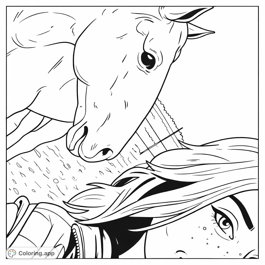 A heartwarming horse coloring page featuring a gentle horse interacting with a person. Enjoy a free printable coloring page perfect for all horse lovers and seeking artistic expression.