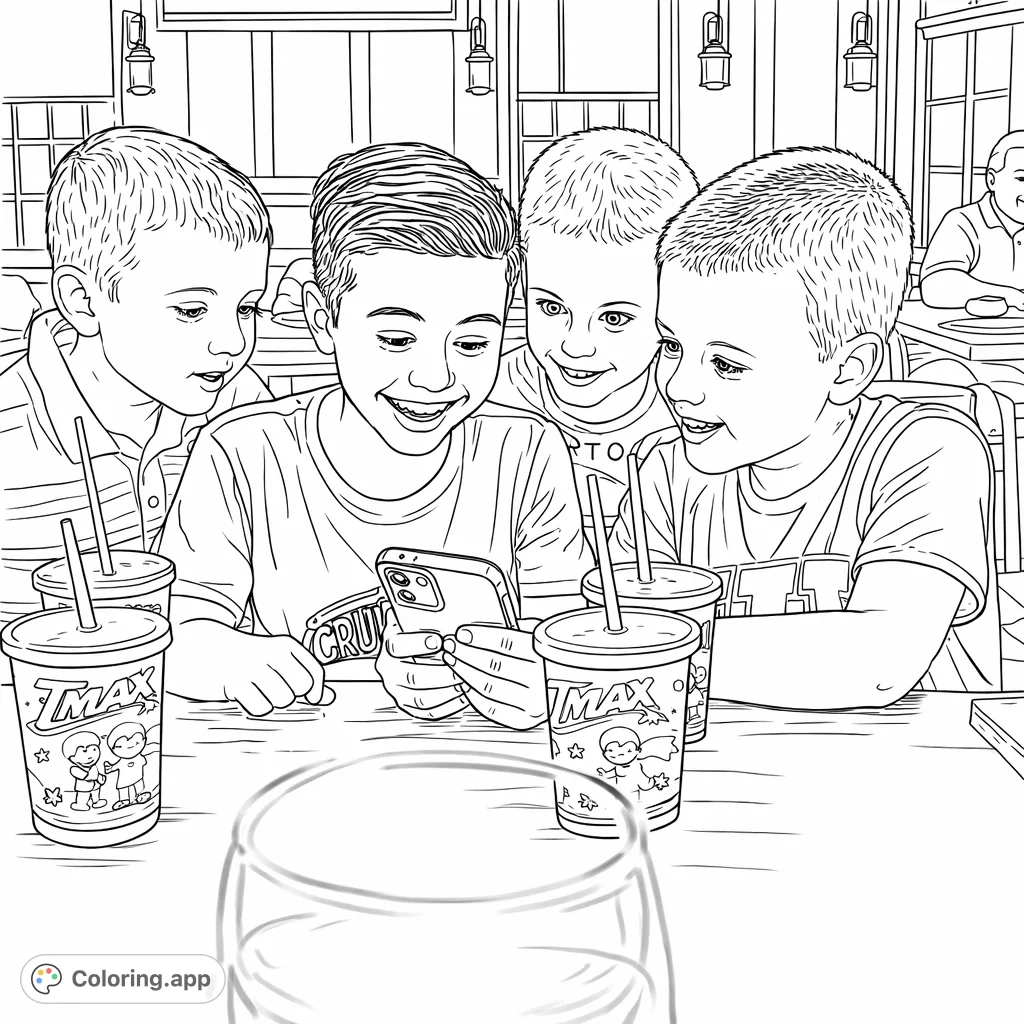 Four excited young friends gather around a smartphone, sharing a fun moment at a restaurant table with drinks. Perfect for a kids' coloring page.
