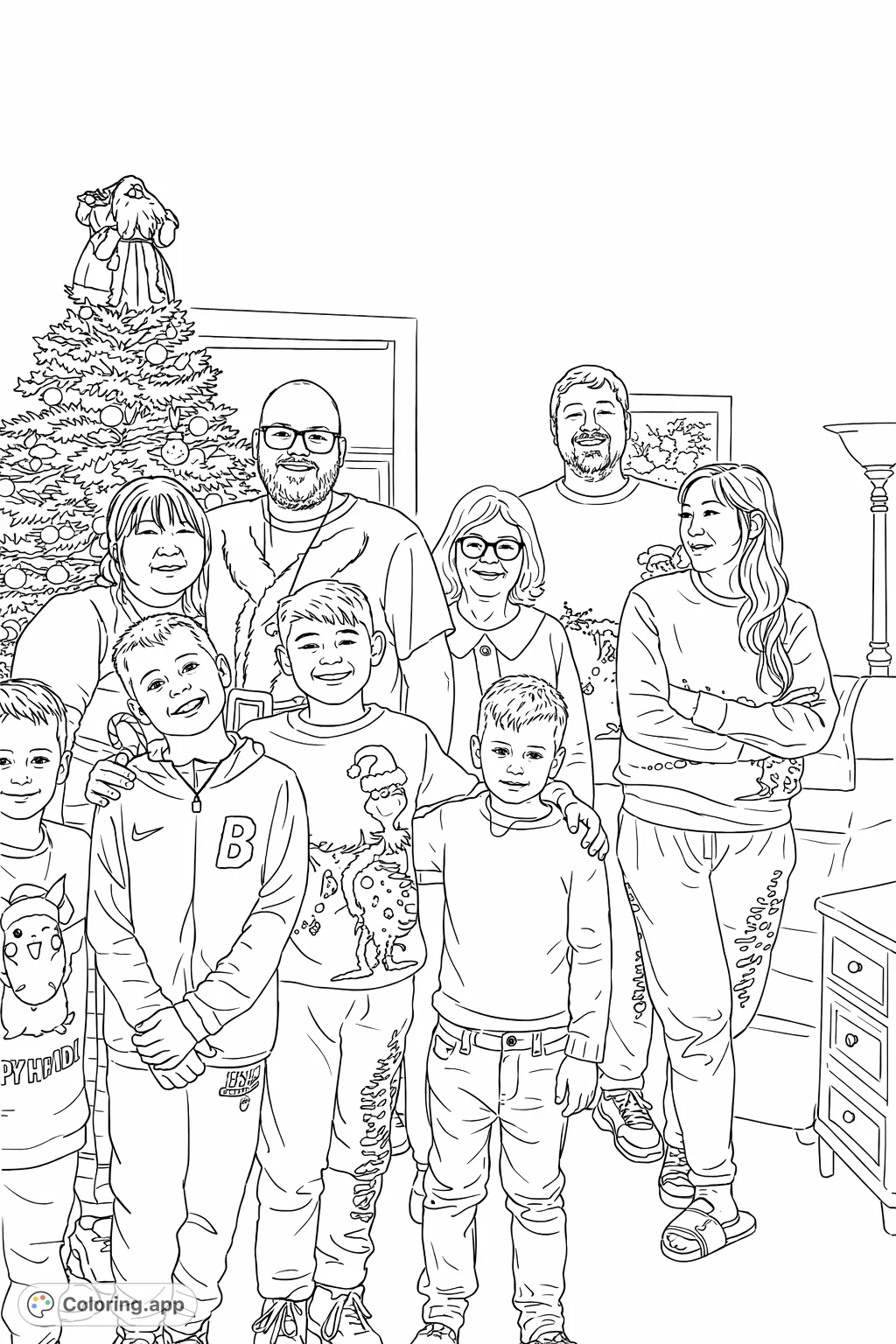 Capture the warmth of a family holiday gathering with this free printable coloring page, featuring adults and children in festive attire by a decorated tree.