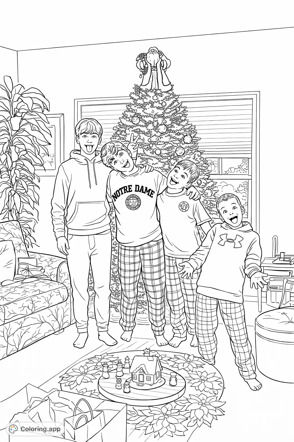 Four boys strike funny poses in front of a festive tree, capturing a whimsical holiday moment. A fun, detailed page for all ages to enjoy!
