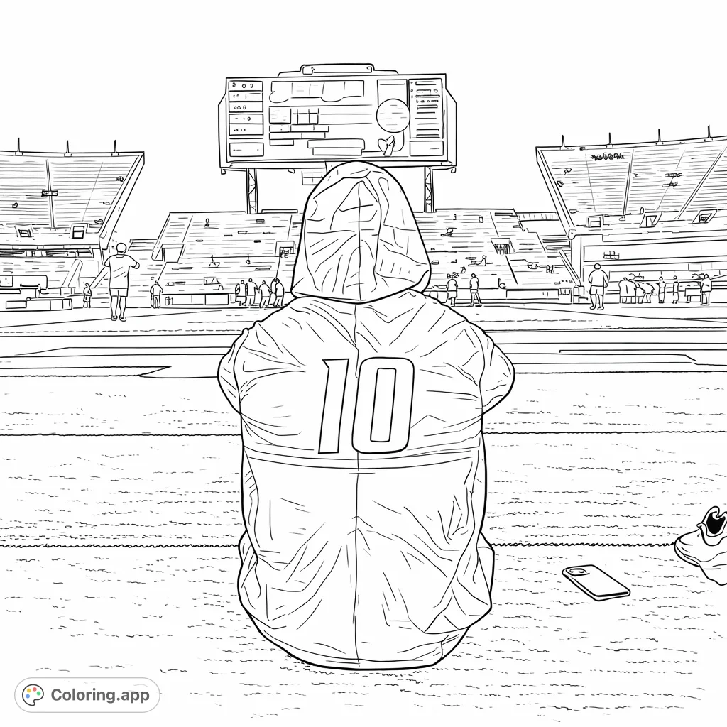 A striking stadium view featuring a person in a numbered hooded jacket, overlooking a vast playing field and a detailed scoreboard.