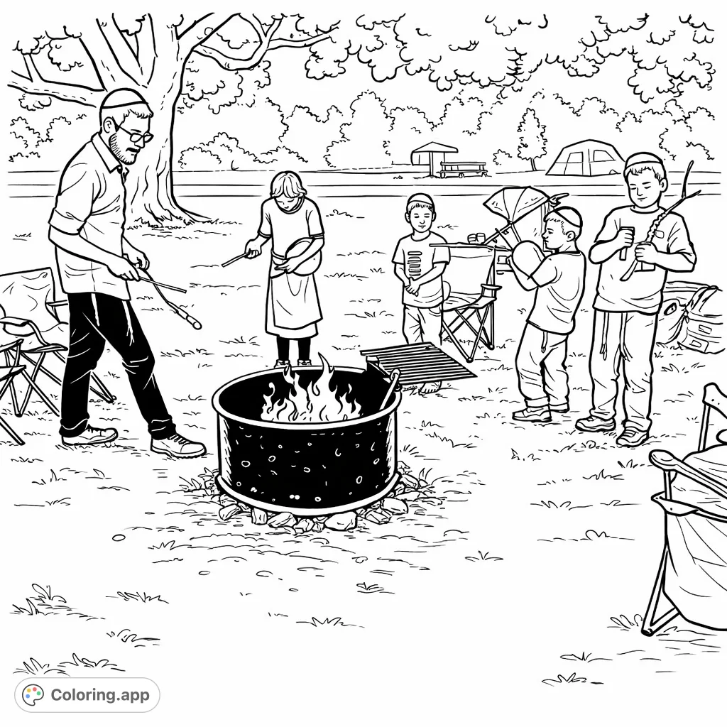 An engaging outdoor campfire scene featuring an adult and several children gathered around a fire pit, enjoying a day of camping and togetherness.