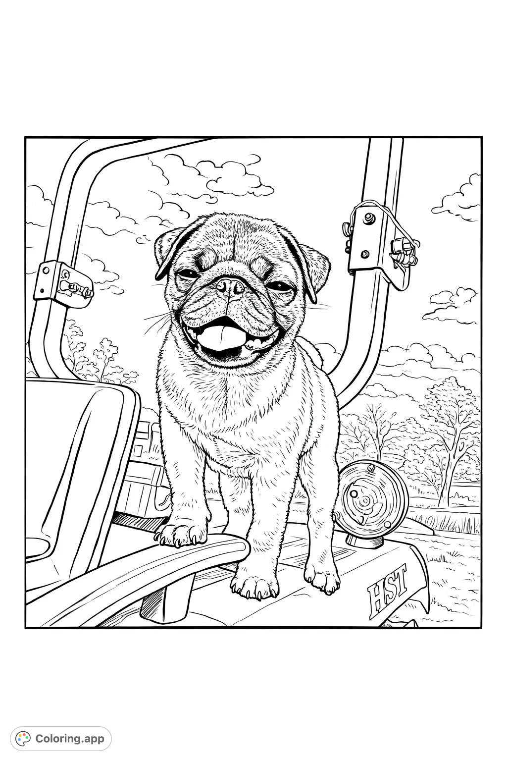 An adorable pug puppy poses playfully on a tractor, ready for a fun day on the farm. A charming pug puppy coloring page for all ages.