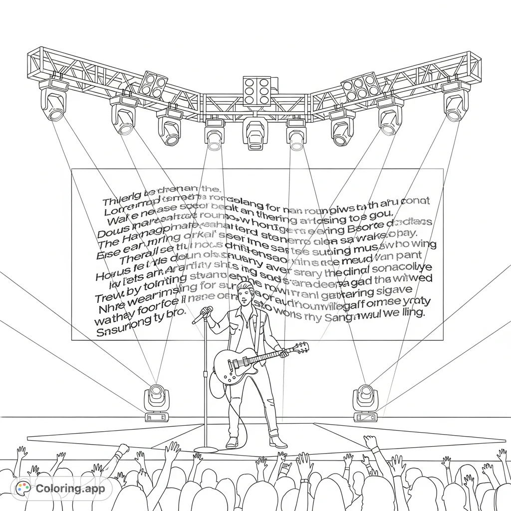 Capture the energy of Ty Myers on stage, gripping his microphone and guitar, with scrolling lyrics and an enthusiastic crowd. A dynamic rock concert coloring page for fans.