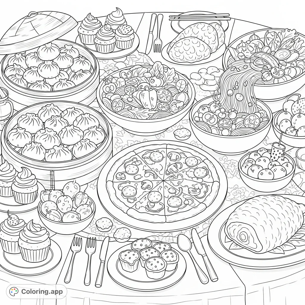 Indulge in a delightful cute buffet coloring page featuring heaps of delicious foods: dumplings, pizza, noodles, roasted meat, and sweet treats galore!