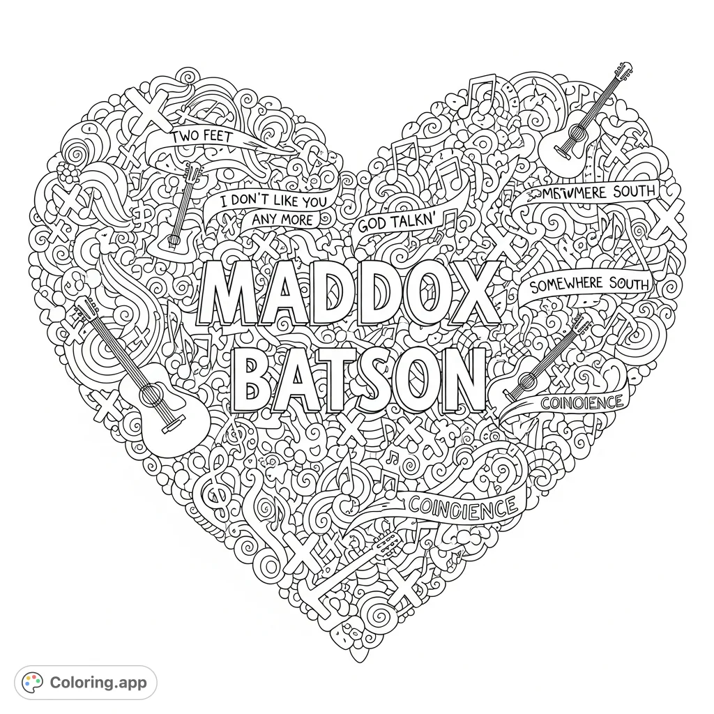 An expressive doodle heart coloring page featuring custom text "MADDOX BATSON," various phrases, X's, and music notes for creative self-expression.