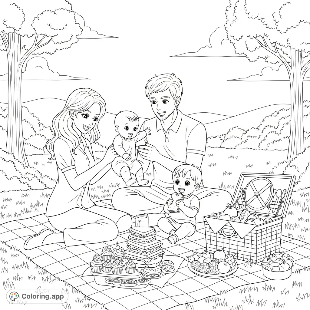 Enjoy a heartwarming family picnic coloring page featuring a happy family, abundant food, and a cozy checkered blanket in a sunny park setting.