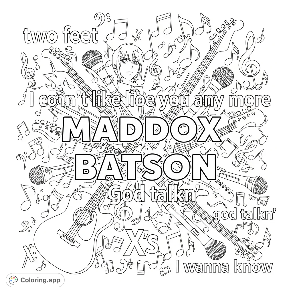 A unique text art coloring page featuring the name 'MADDOX BATSON' prominently, surrounded by expressive phrases and scattered music notes for creative expression.