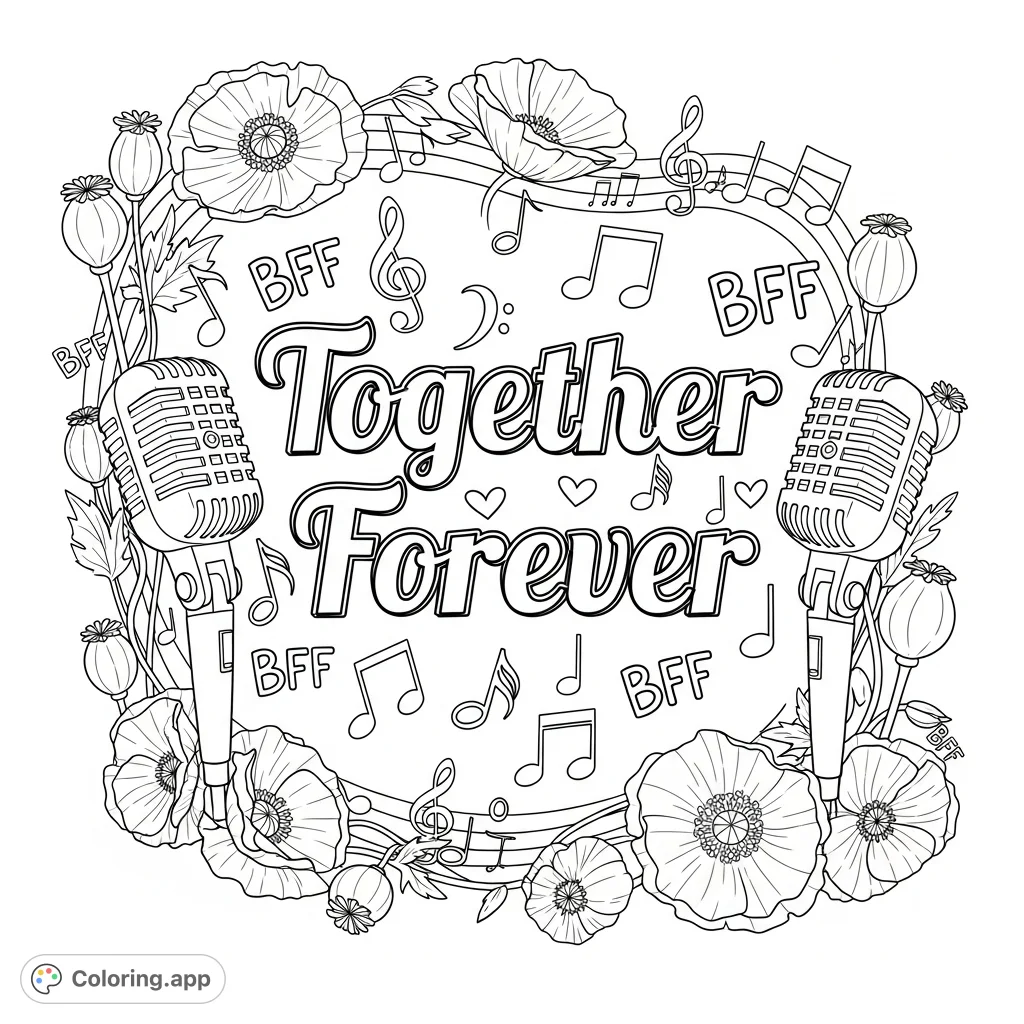 A heartfelt "Together Forever" coloring page featuring decorative text, elegant music notes, classic microphones, and charming poppy flower doodles, surrounded by "BFF" accents.