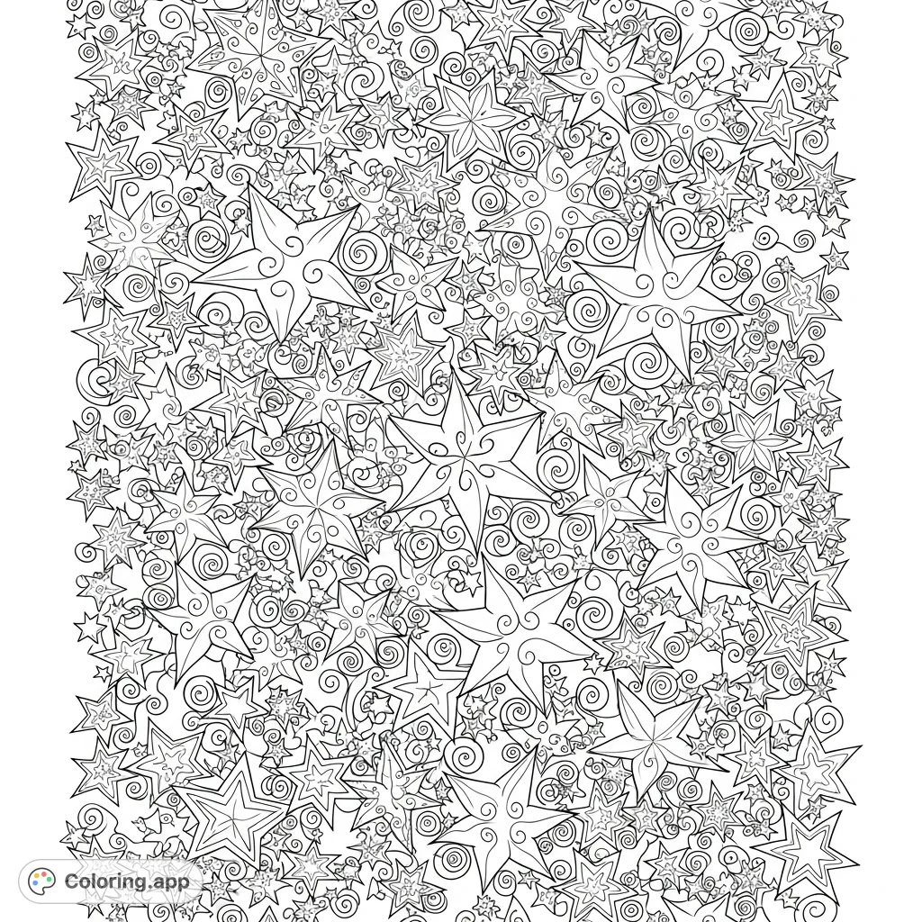 Explore a cosmic tapestry of many swirling, twirling stars. This intricate pattern offers a captivating coloring experience for celestial enthusiasts.