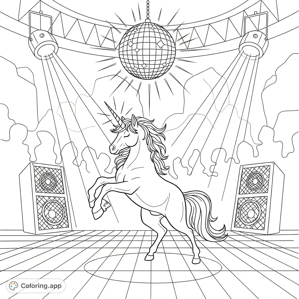 Step onto the vibrant dance floor with a majestic unicorn under a glittering disco ball. A dynamic scene of pure magic and rhythm awaits your colors!