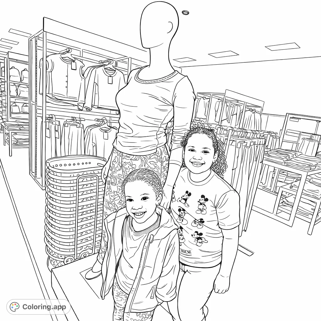 Explore a fun shopping scene with two girls and a mannequin in a retail store. A delightful everyday life coloring page for all ages.