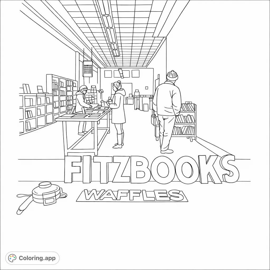 Explore a delightful bookstore and waffle cafe scene, featuring patrons, bookshelves, and inviting signage. A simple, charming printable for all ages.