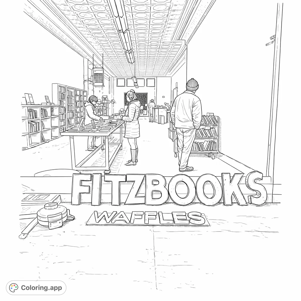 Explore an inviting independent bookstore scene, complete with shelves full of books, browsing customers, and prominent decorative lettering. A delightful free printable coloring page.