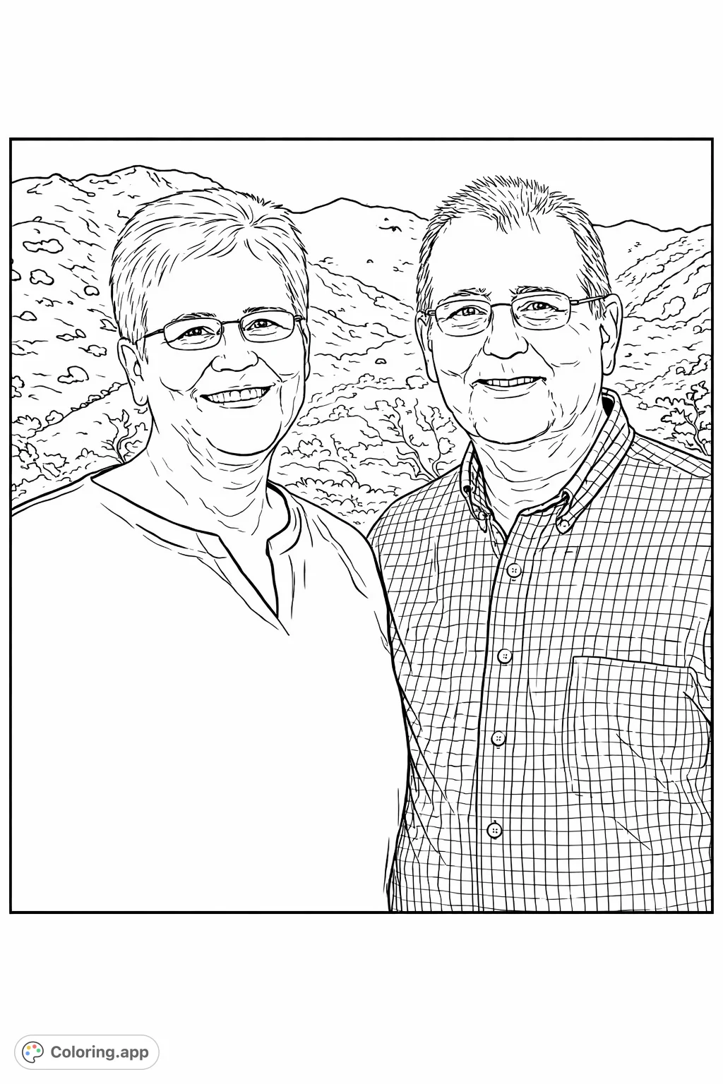 Capture a smiling couple in a beautiful hilly landscape. Features a woman in a v-neck top and a man in a plaid shirt against a detailed outdoor background.