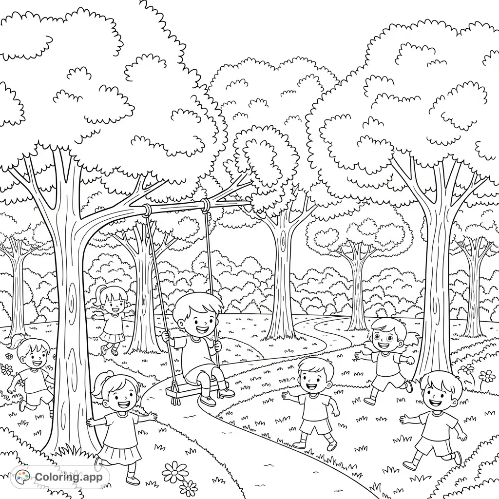 Discover a cheerful summer park coloring page featuring kids playing happily among lush trees and winding paths. Perfect for free printable coloring page enthusiasts!