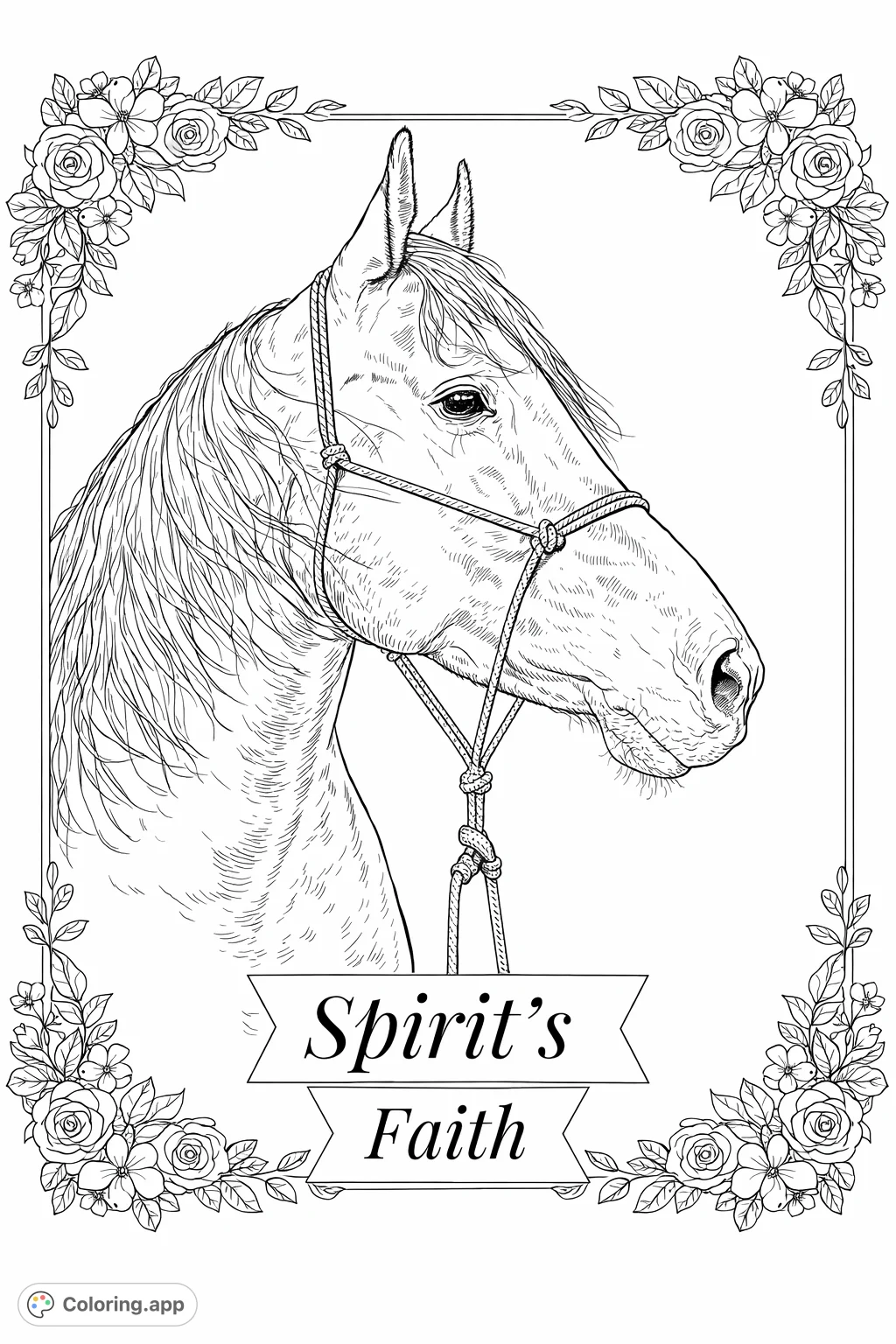 Color this realistic horse coloring page, featuring elegant proportions and decorative floral borders. A free printable horse coloring page for all ages.