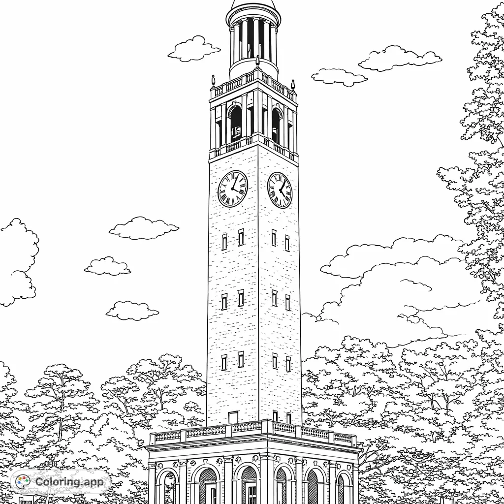 Color this majestic clock tower, a detailed architectural landmark featuring intricate brickwork, elegant arches, and prominent clock faces set against a sky with clouds and trees.