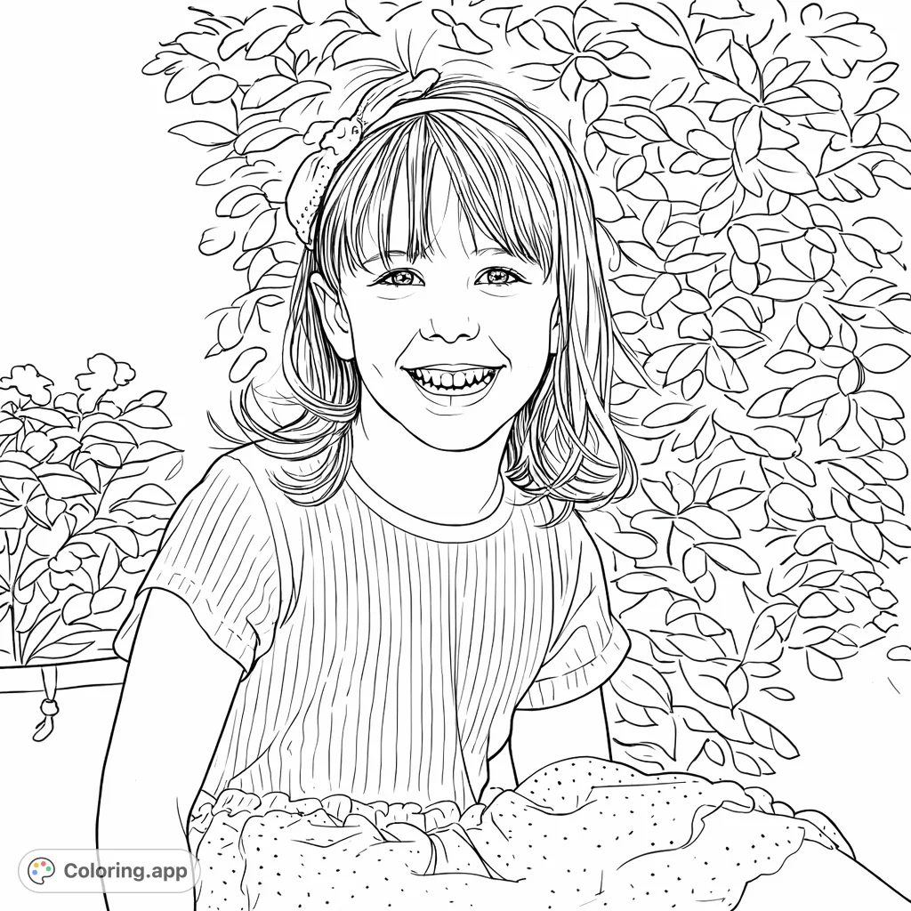 A delightful portrait of a smiling young girl in a pretty dress and bow, set against a soft natural background. Perfect for spreading cheer.