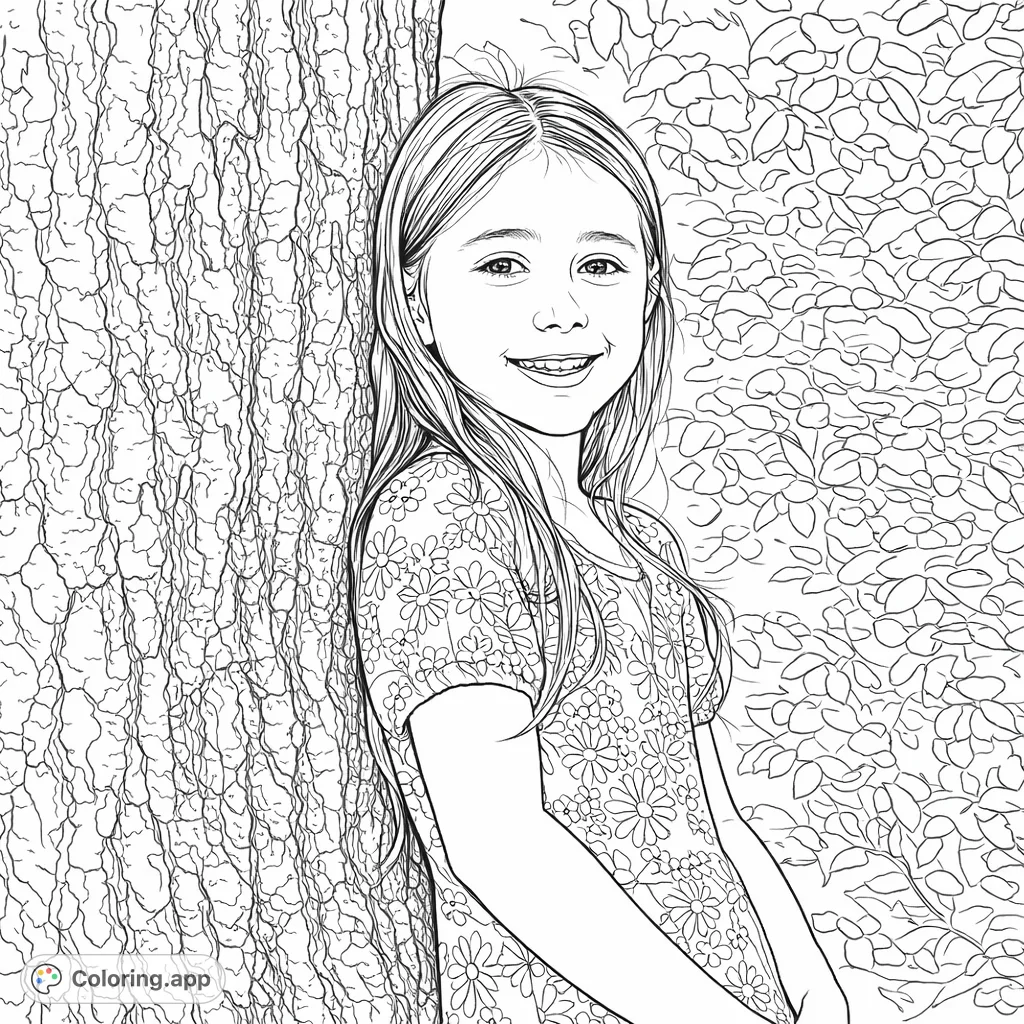 A joyful young girl leans against a textured tree, her dress adorned with floral patterns, set against a softly rendered background. Perfect for a nature-themed coloring page.