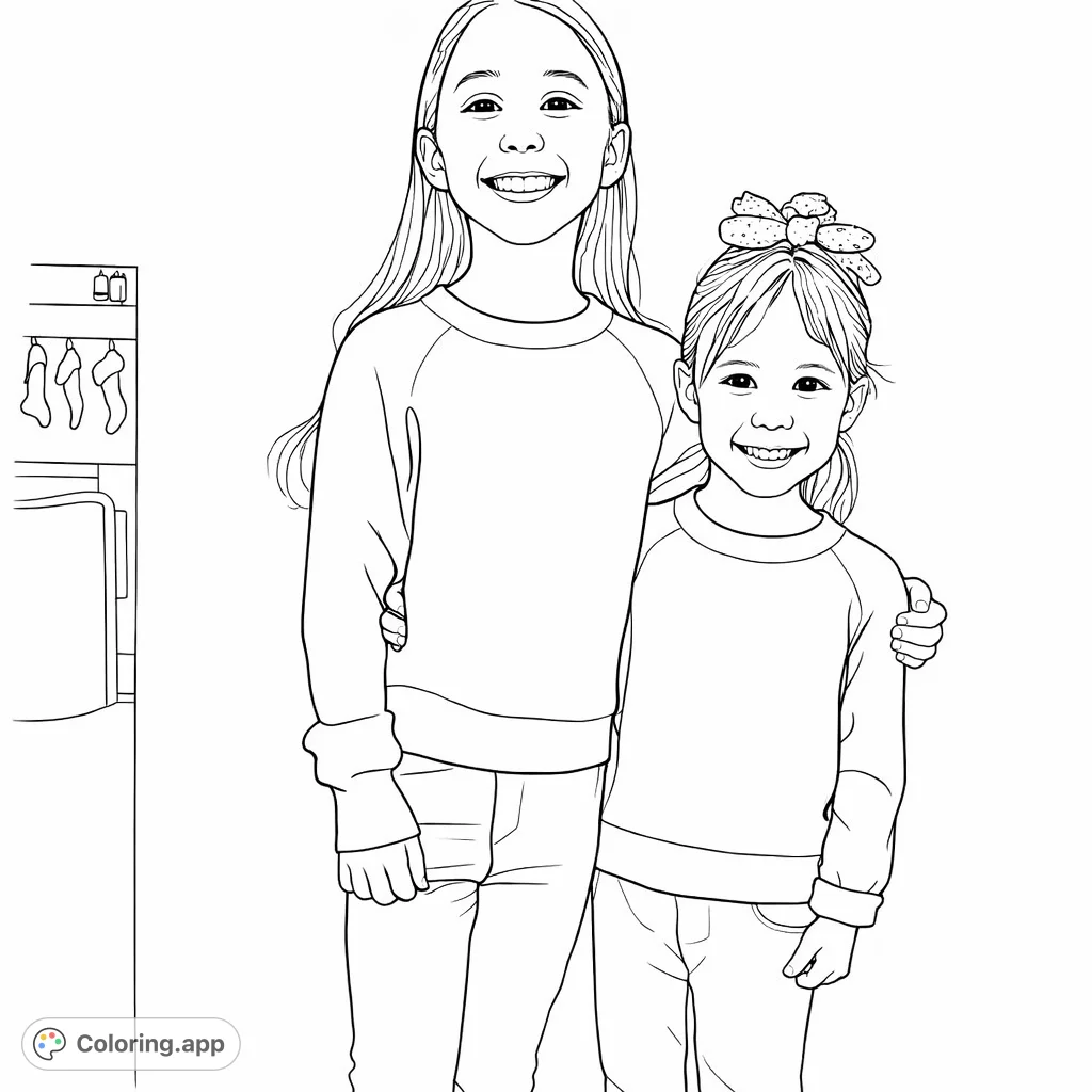 A heartwarming free printable sisters coloring page featuring two smiling girls in a loving embrace, perfect for family bonding and creative expression.