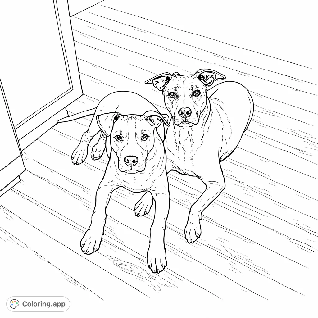 A heartwarming scene featuring two loyal canine companions resting peacefully on a textured wooden floor. Perfect for dog lovers of all ages.