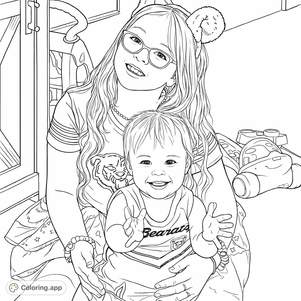 Capture a heartwarming moment between two siblings. An older child cradles a smiling toddler, ready for your creative touch.